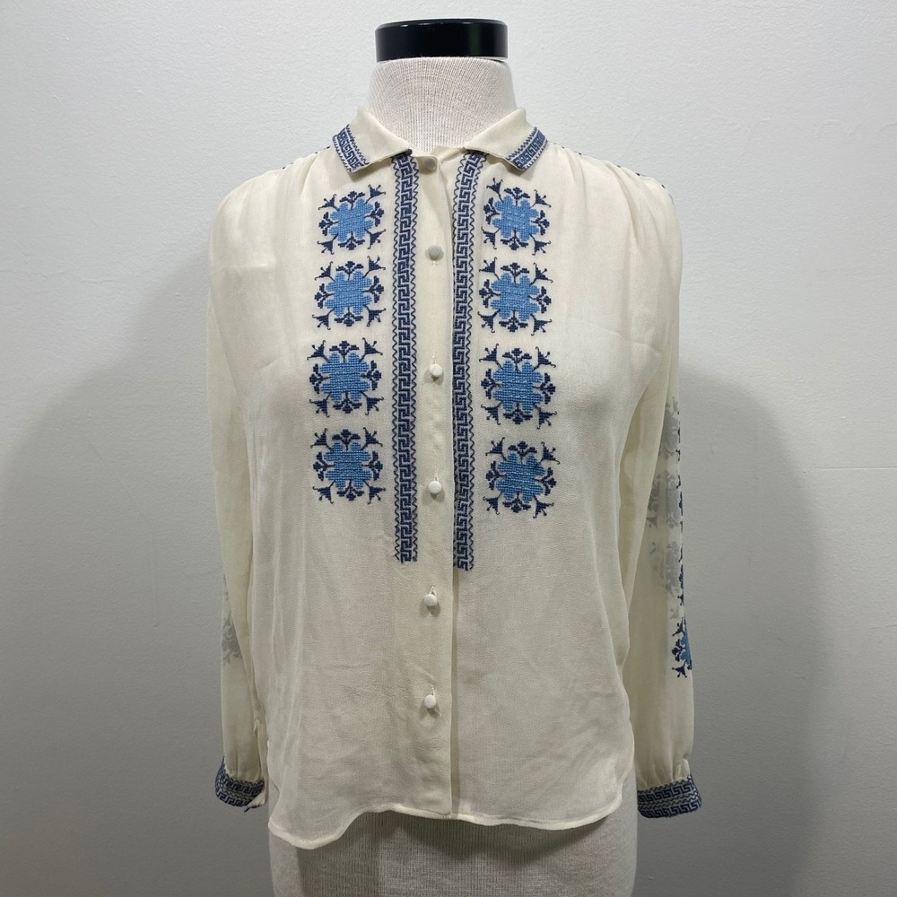 Korovilas Anthropologie Sheer Embroidered Blouse Boho‎ Top Blue Floral Button